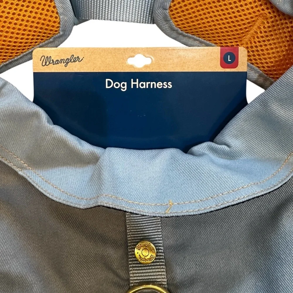 Wrangler Dog Harness Vest Light Blue Denim, Orange Mesh Lining, Trucker Style L